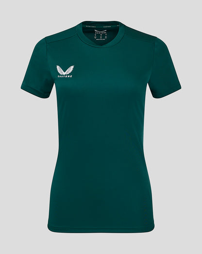 Front view of Botanical Garden teal short sleeve training tee with white wing logo on left chest.