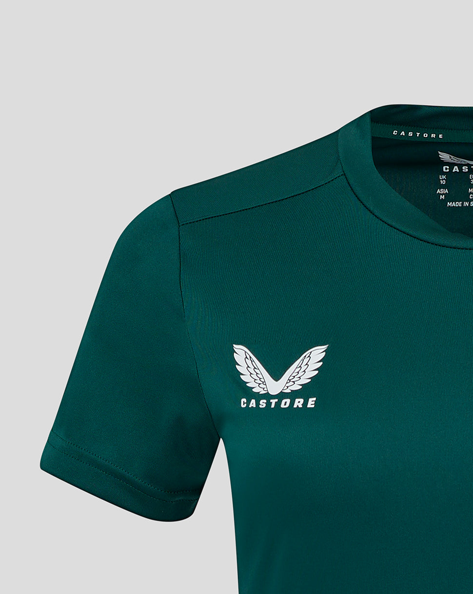Close-up of left chest white wing logo with Castore text on Botanical Garden teal training tee.