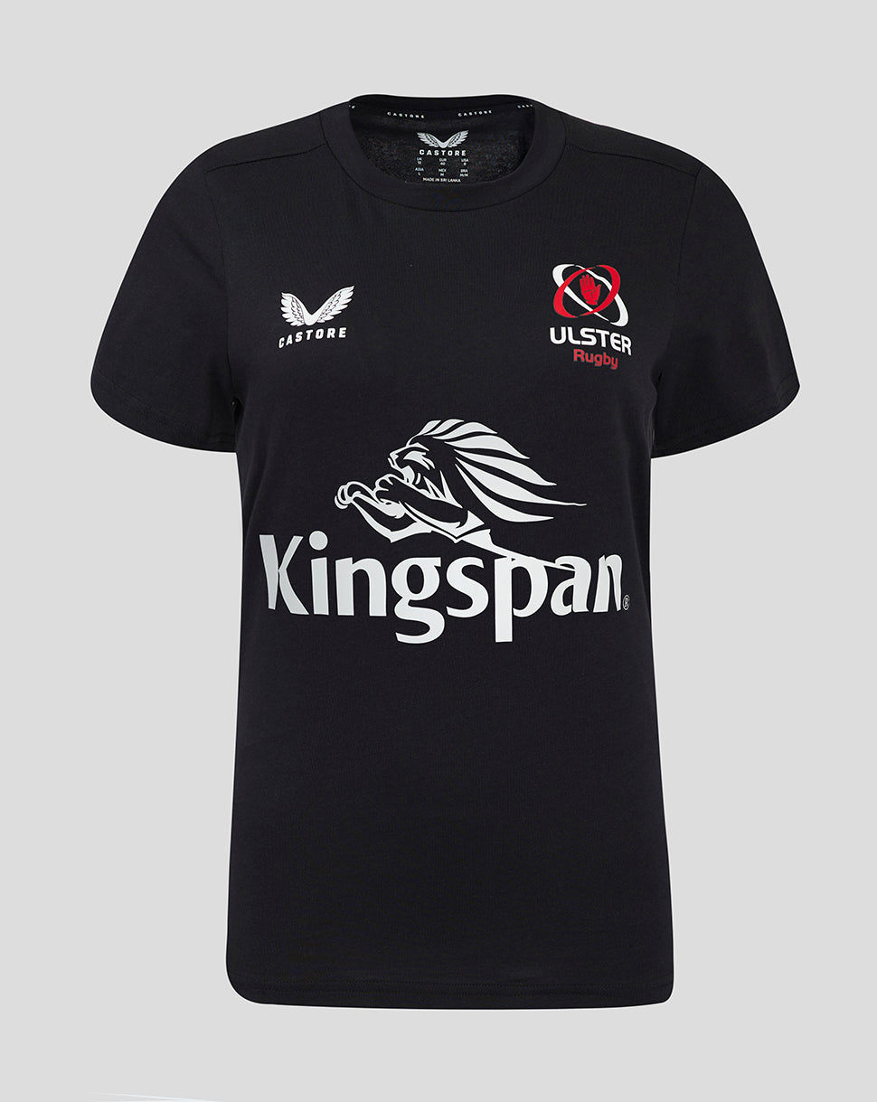 Front view of black Ulster women's training tee with Kingspan logo across chest and Ulster Rugby crest on the left