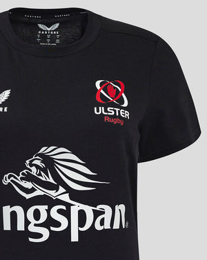 Close up of front of black Ulster training tee showing Ulster Rugby crest on the chest and large Kingspan logo across the torso