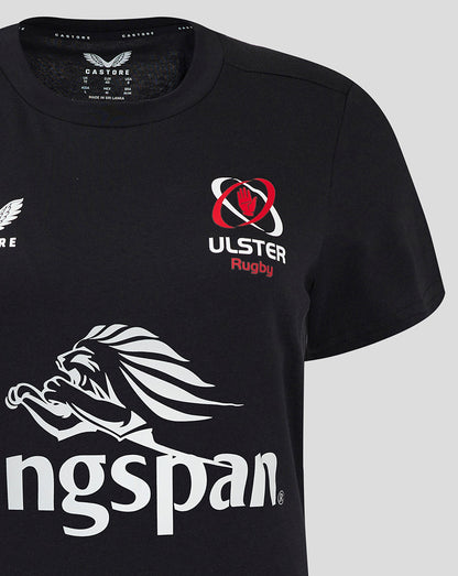 Close up of front of black Ulster training tee showing Ulster Rugby crest on the chest and large Kingspan logo across the torso