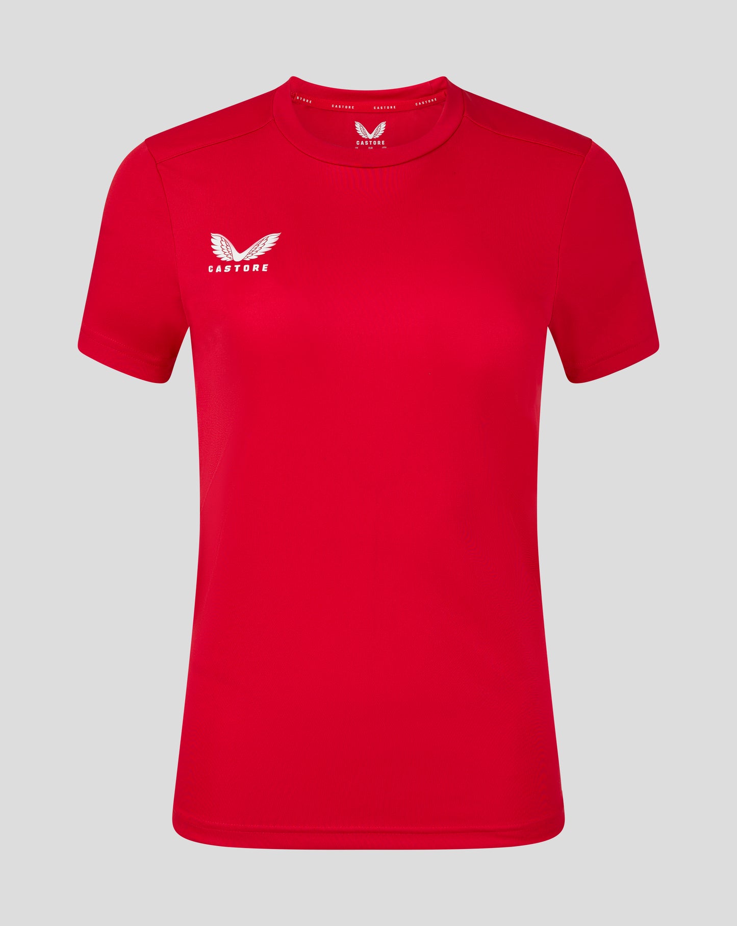 Bright red short sleeve tee with crew neck and white Castore wing logo at left chest
