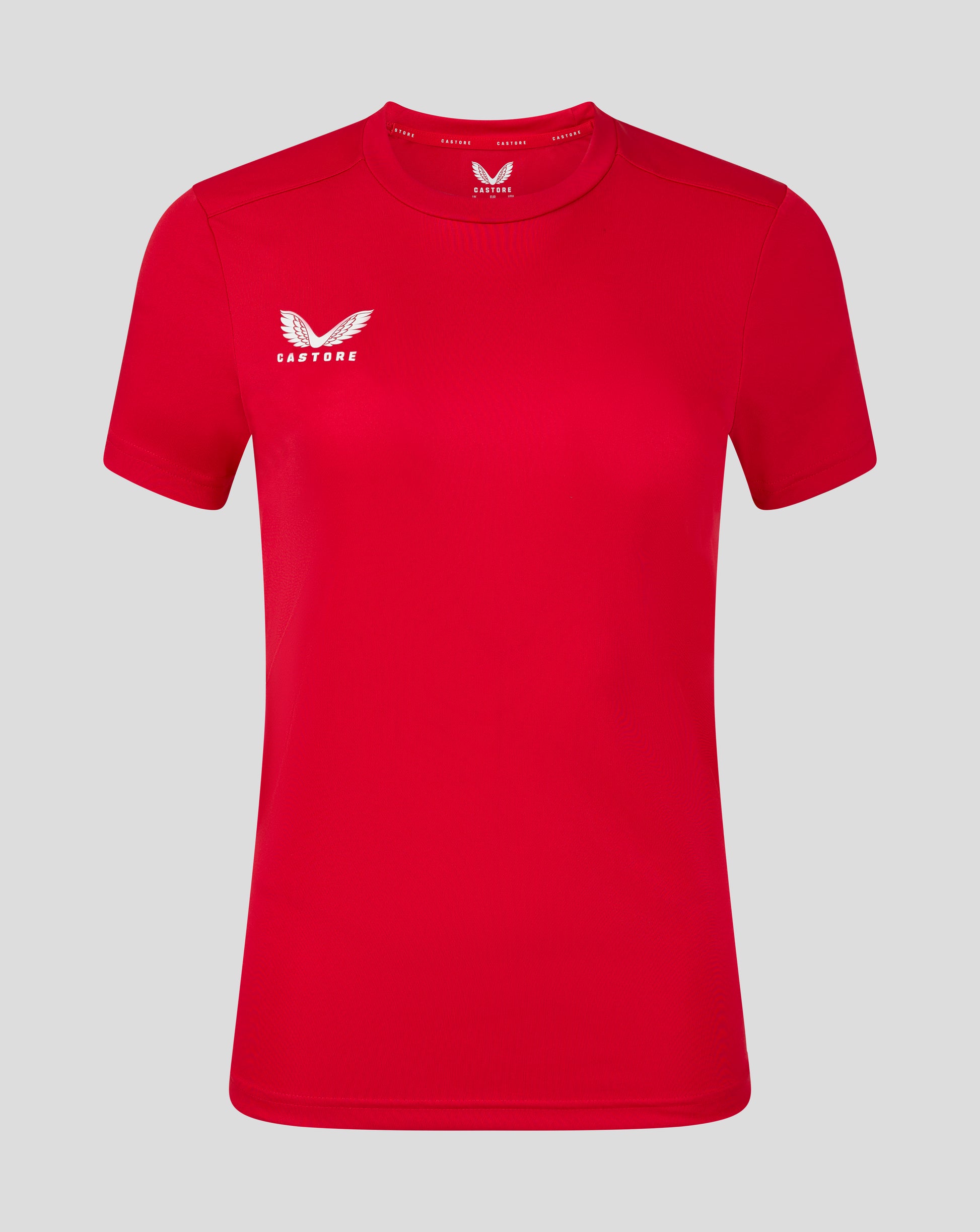Bright red short sleeve tee with crew neck and white Castore wing logo at left chest