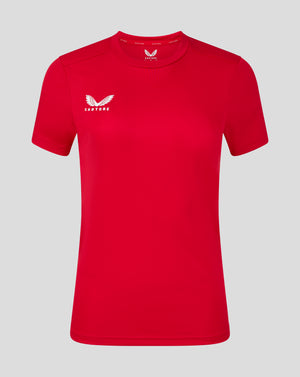Bright red short sleeve tee with crew neck and white Castore wing logo at left chest