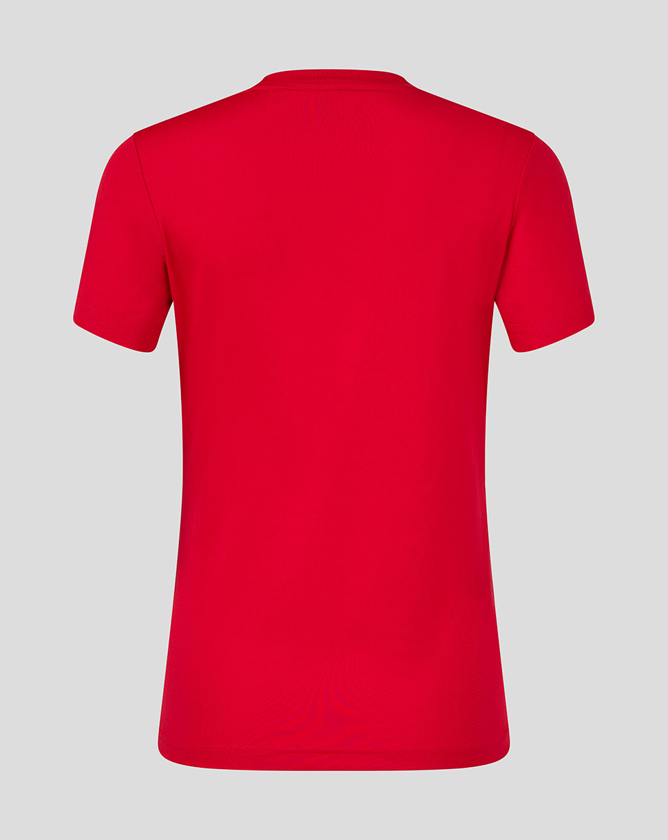 Back view of a bright red women's performance tee with a crew neck and set in sleeves