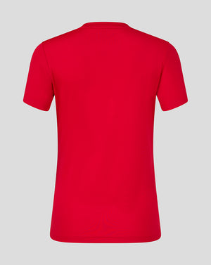 Back view of a bright red women's performance tee with a crew neck and set in sleeves