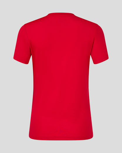 Back view of a bright red women's performance tee with a crew neck and set in sleeves