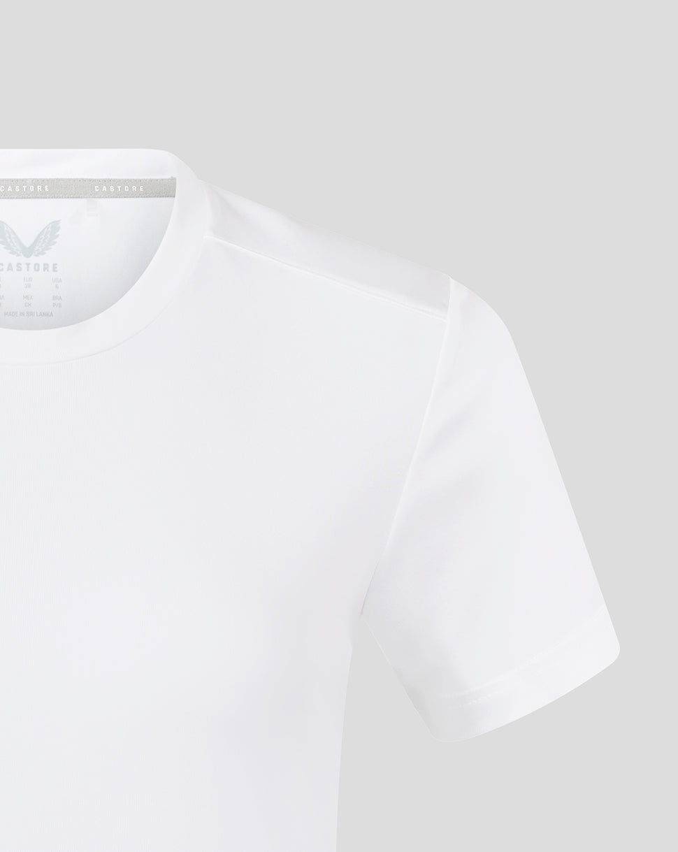Close up of white tee collar and short sleeve with interior Castore branding visible.