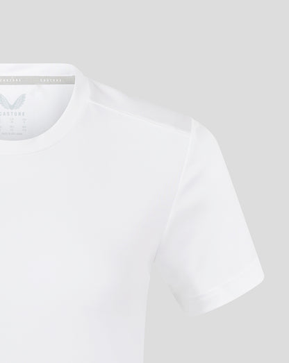 Close up of white tee collar and short sleeve with interior Castore branding visible.