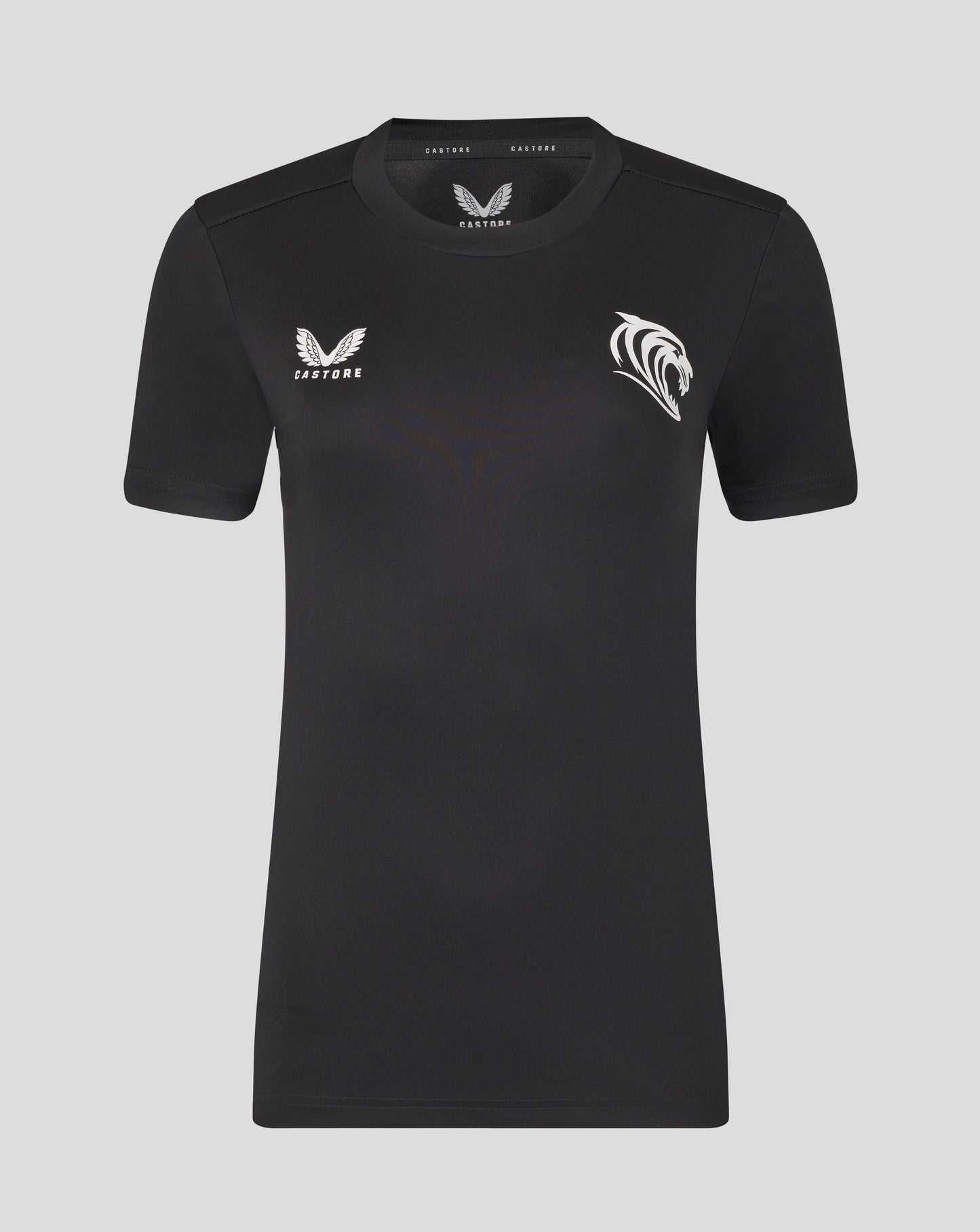 Front view of black Leicester Tigers training T shirt with Castore logo on the left chest and a white tiger crest on the right