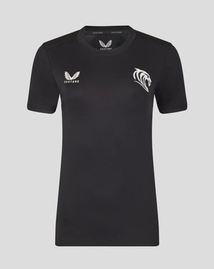 Front view of black Leicester Tigers training T shirt with Castore logo on the left chest and a white tiger crest on the right