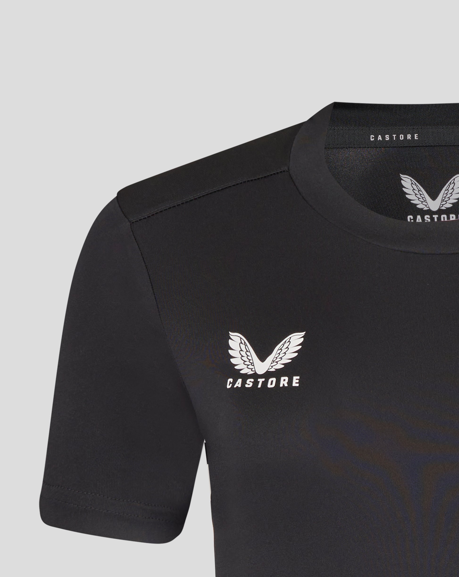 Close up of black Leicester Tigers training T shirt neckline with Castore branding and wing logo