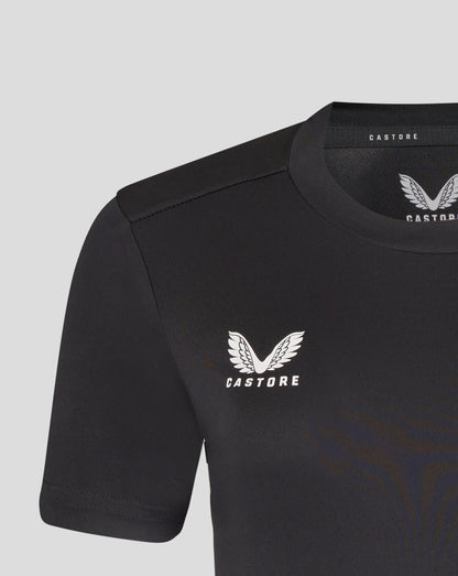 Close up of black Leicester Tigers training T shirt neckline with Castore branding and wing logo