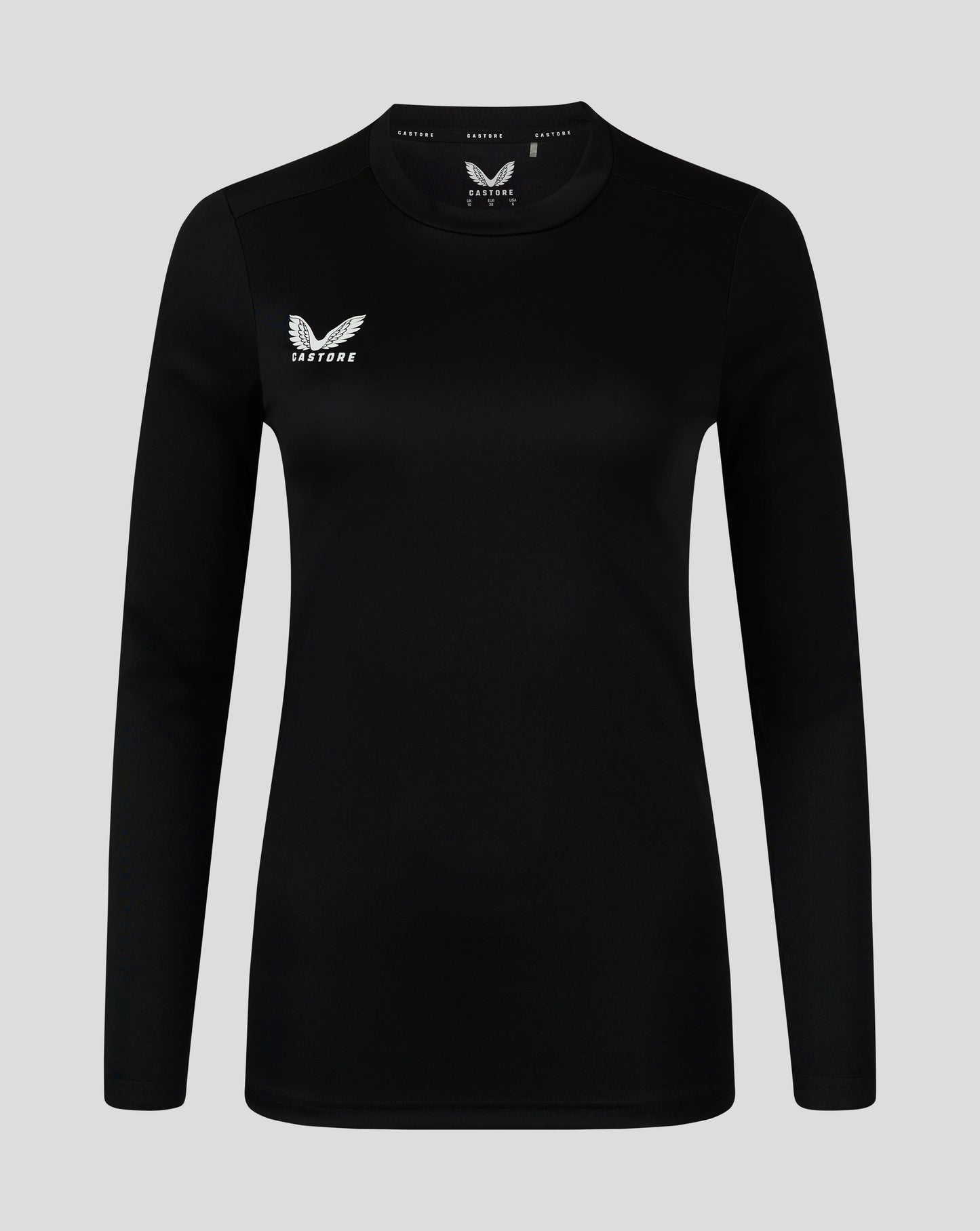 Black womens long sleeve performance tee with crew neck and white Castore logo on the chest