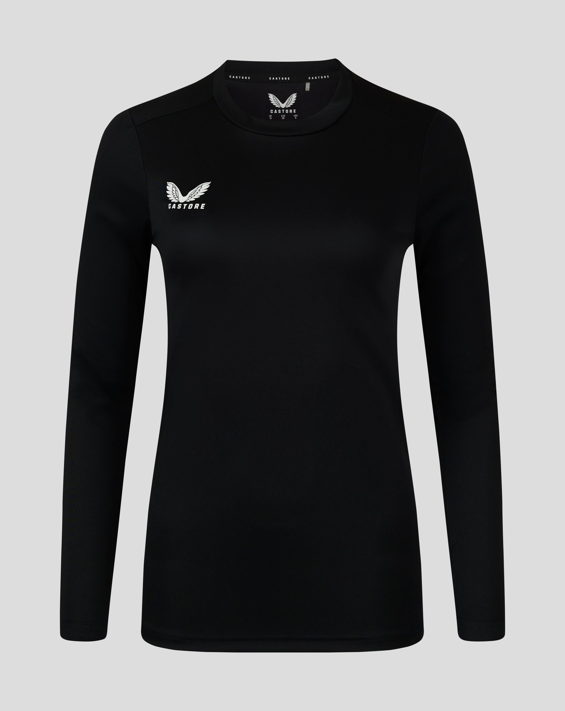 Black womens long sleeve performance tee with crew neck and white Castore logo on the chest