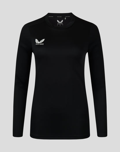 Black womens long sleeve performance tee with crew neck and white Castore logo on the chest