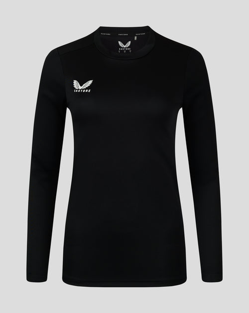 Black womens long sleeve performance tee with crew neck and white Castore logo on the chest