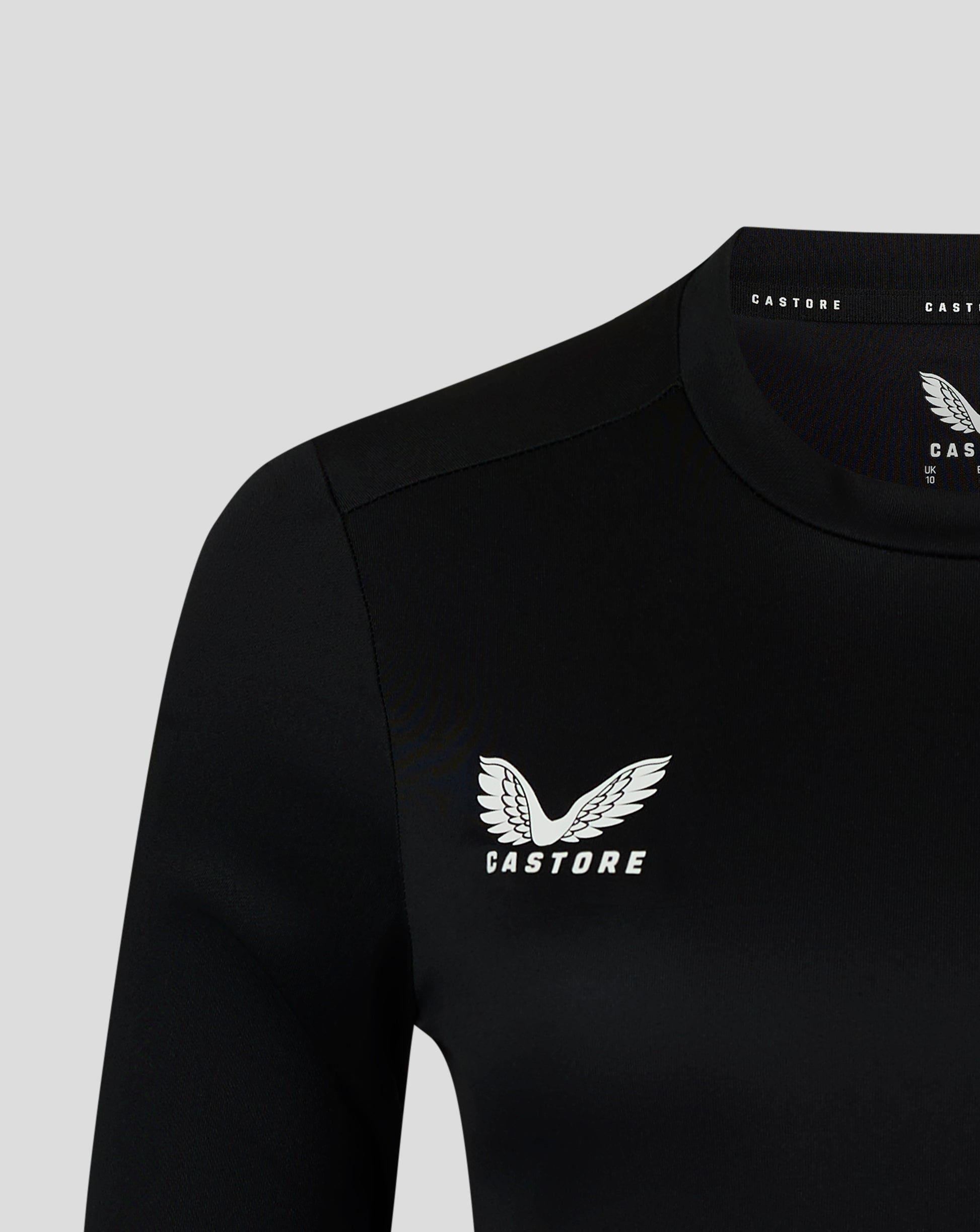 Close up of collar showing Castore branding along the inside neckline