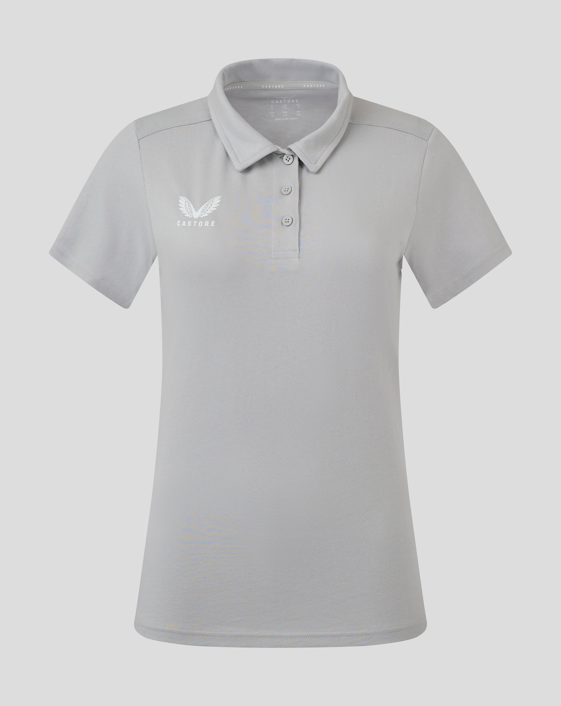 Front view of light gray Women's Cotton Leisure Polo with self fabric collar three button placket and Castore logo on chest
