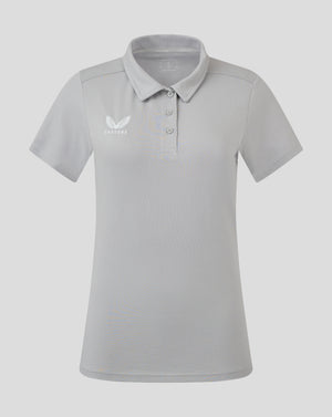 Front view of light gray Women's Cotton Leisure Polo with self fabric collar three button placket and Castore logo on chest