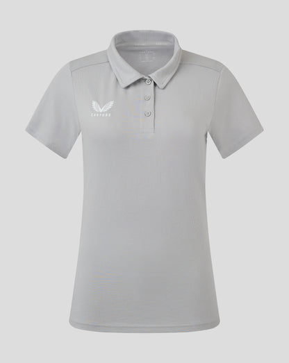 Front view of light gray Women's Cotton Leisure Polo with self fabric collar three button placket and Castore logo on chest