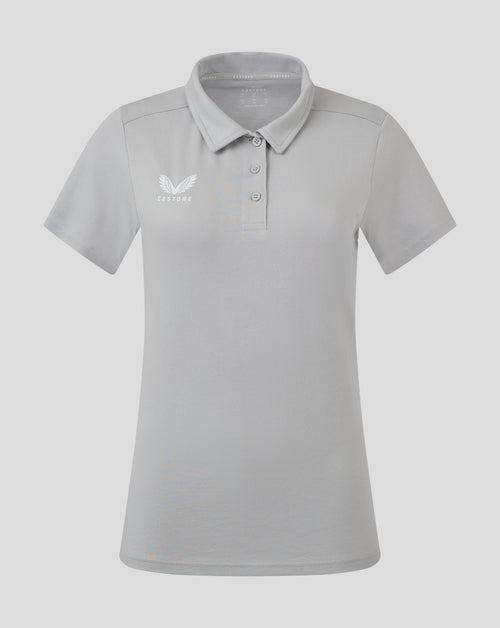 Front view of light gray Women's Cotton Leisure Polo with self fabric collar three button placket and Castore logo on chest