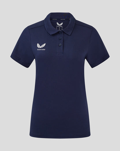 Front view of navy women's cotton leisure polo with Castore logo on left chest