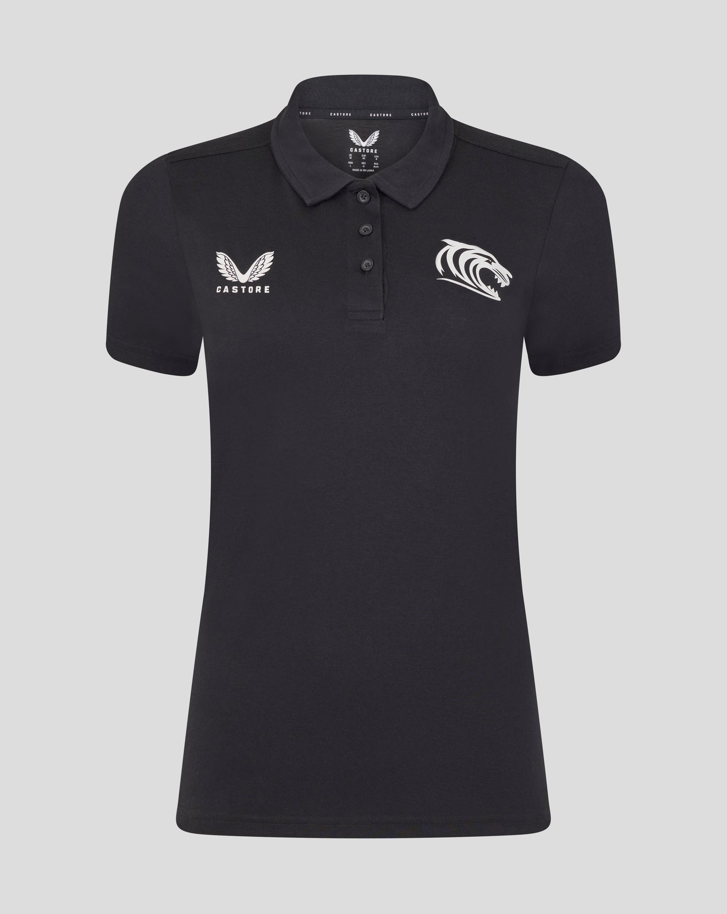 Front view of black Leicester Tigers training polo with wing logo on left chest and tiger emblem on right