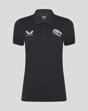 Front view of black Leicester Tigers training polo with wing logo on left chest and tiger emblem on right