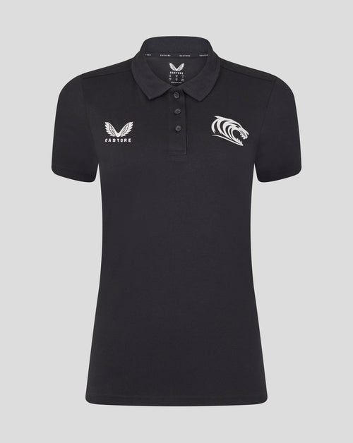 Front view of black Leicester Tigers training polo with wing logo on left chest and tiger emblem on right
