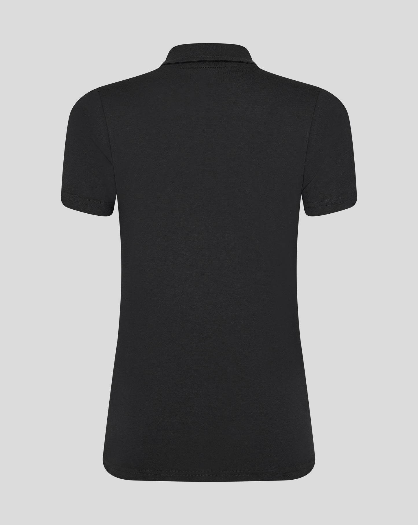 Back view of black Leicester Tigers training polo showing plain back with collar