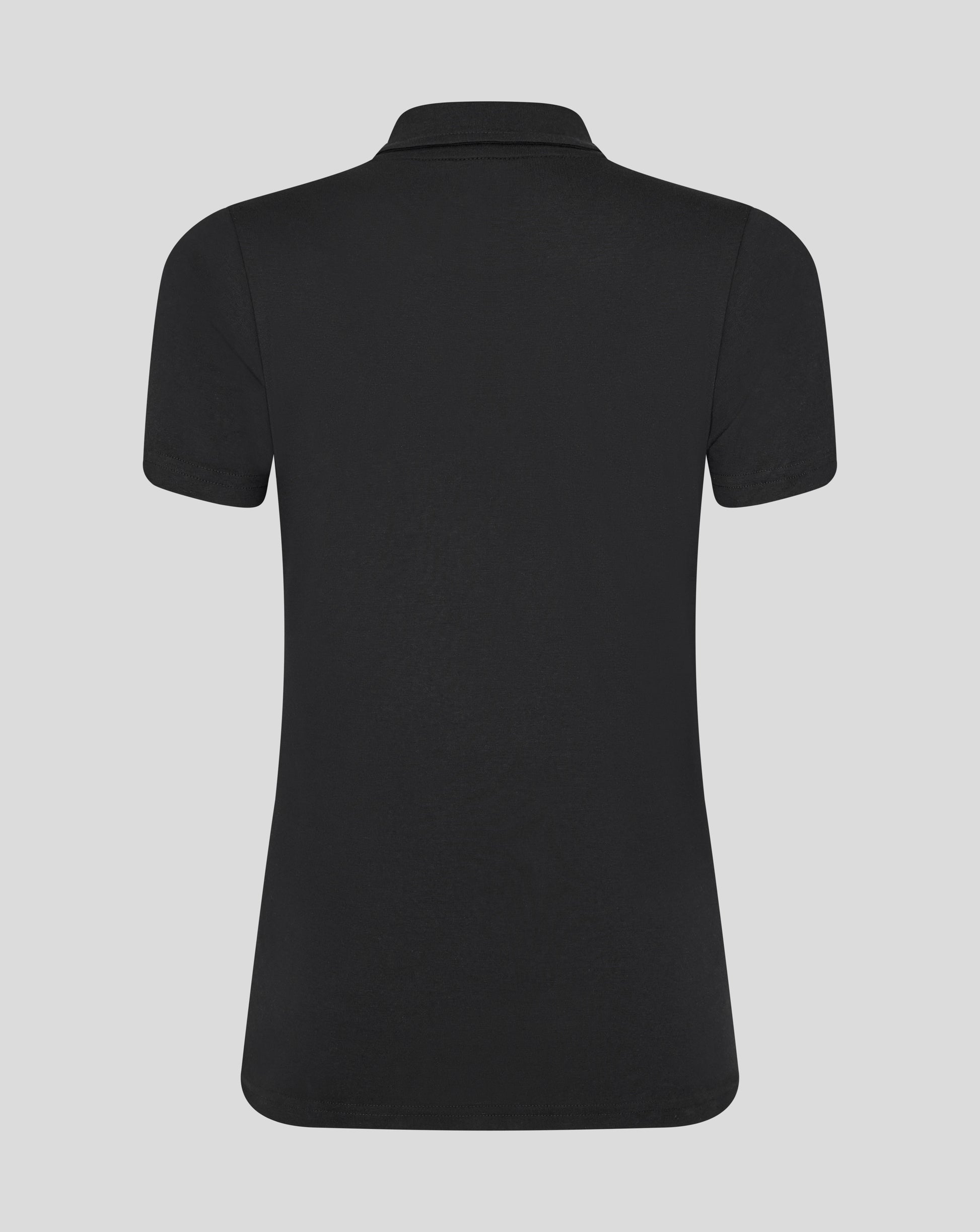 Back view of black Leicester Tigers training polo showing plain back with collar
