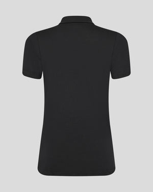 Back view of black Leicester Tigers training polo showing plain back with collar