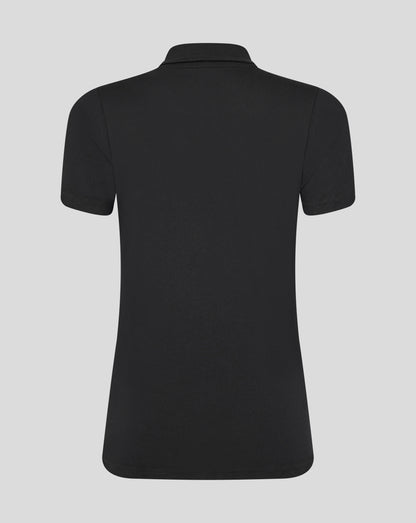 Back view of black Leicester Tigers training polo showing plain back with collar