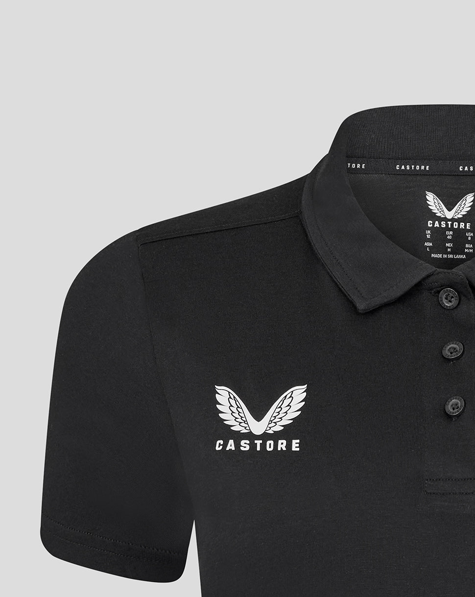 Leicester Tigers women's training polo in black with white winged Castore logo on the left chest