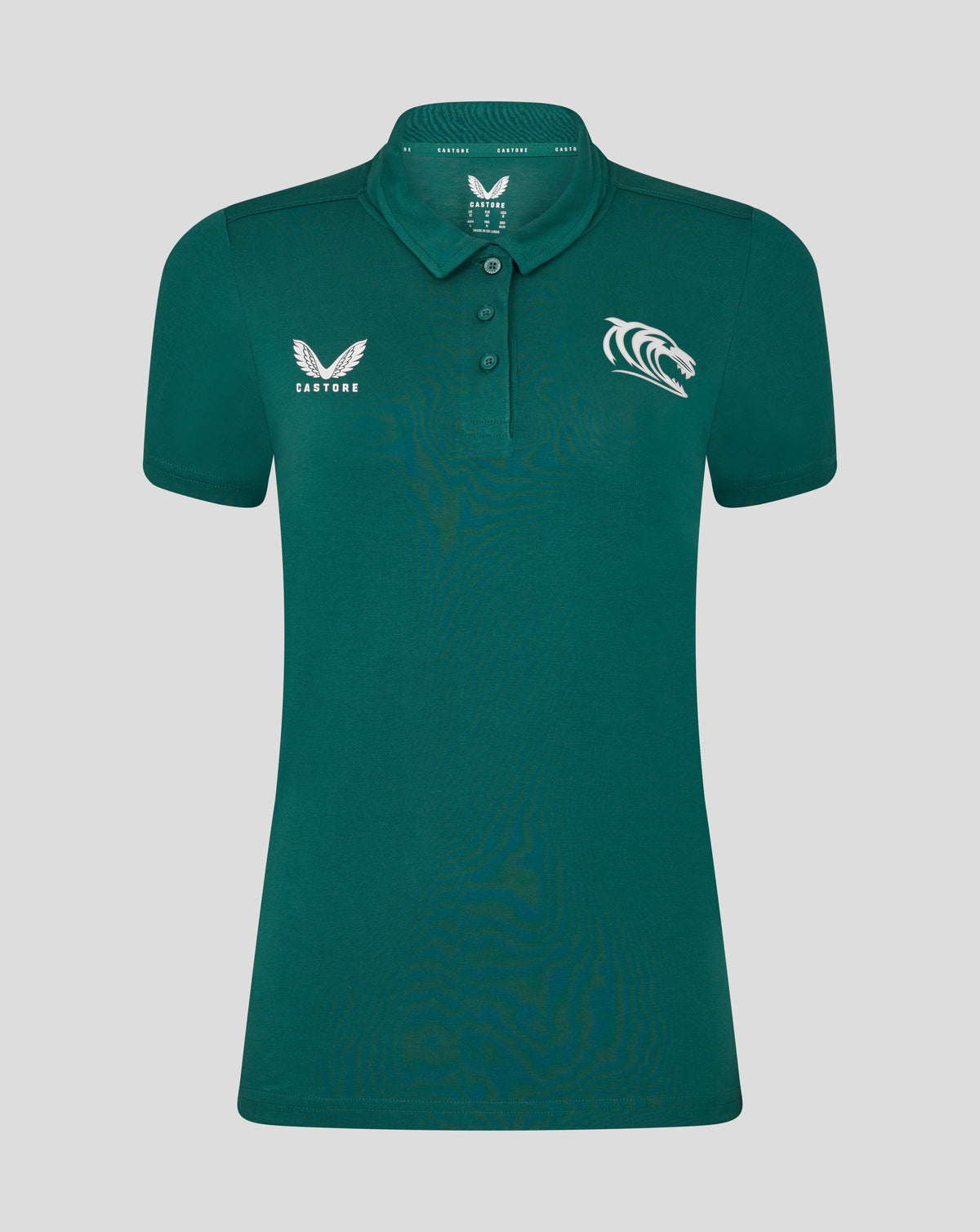 Botanical green Leicester Tigers training polo with white Castore logo on left chest and a bold white tiger graphic on the right