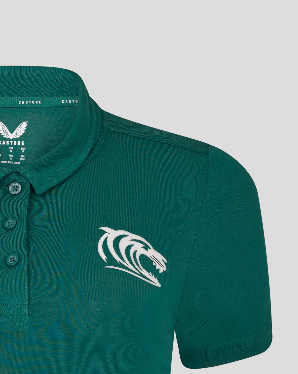 Close up of collar and upper chest on Leicester Tigers Women's 25/26 Training Polo Botanical showing CASTORE branding