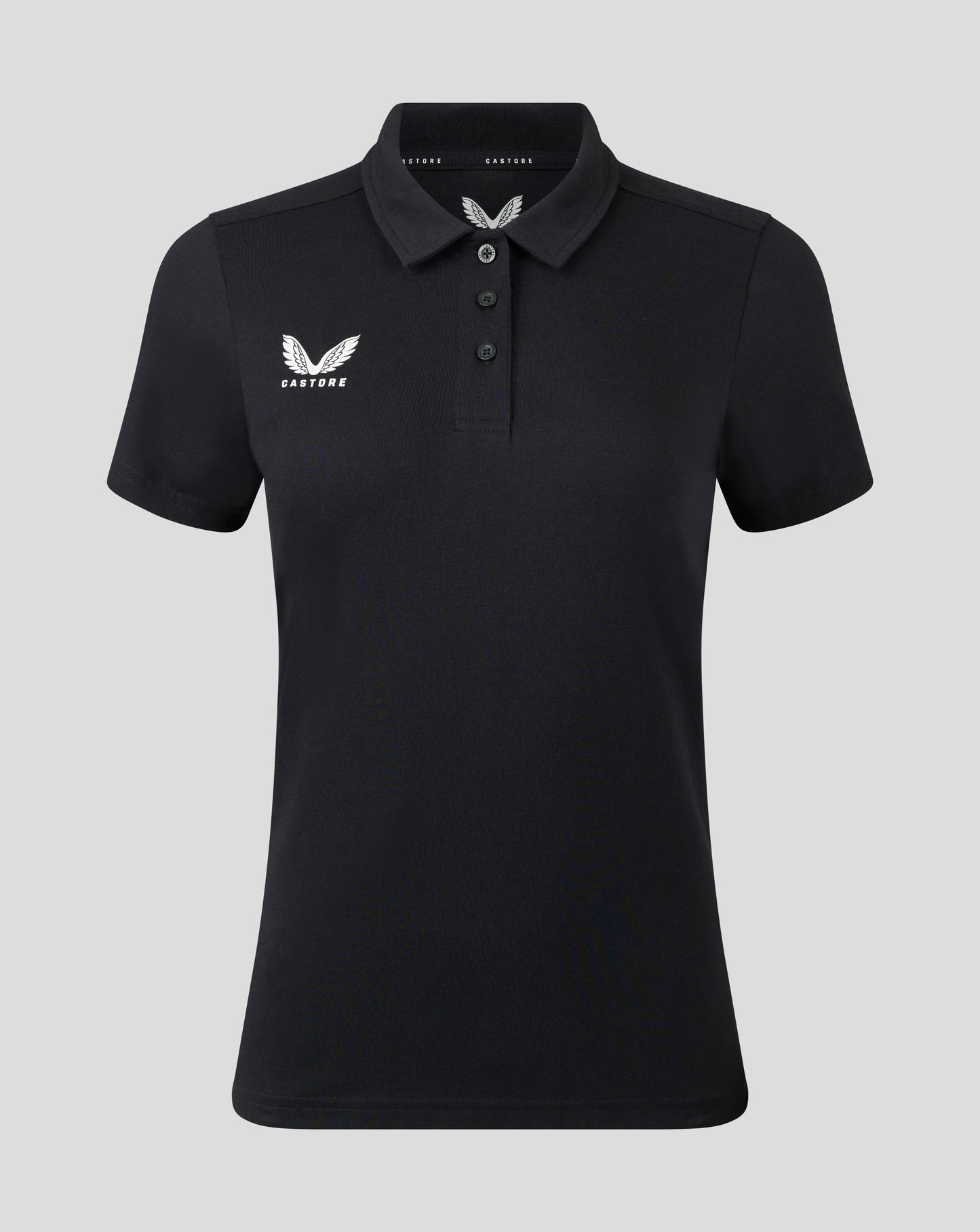 Womens black Cotton Leisure Polo with white Castore logo on left chest and three-button placket