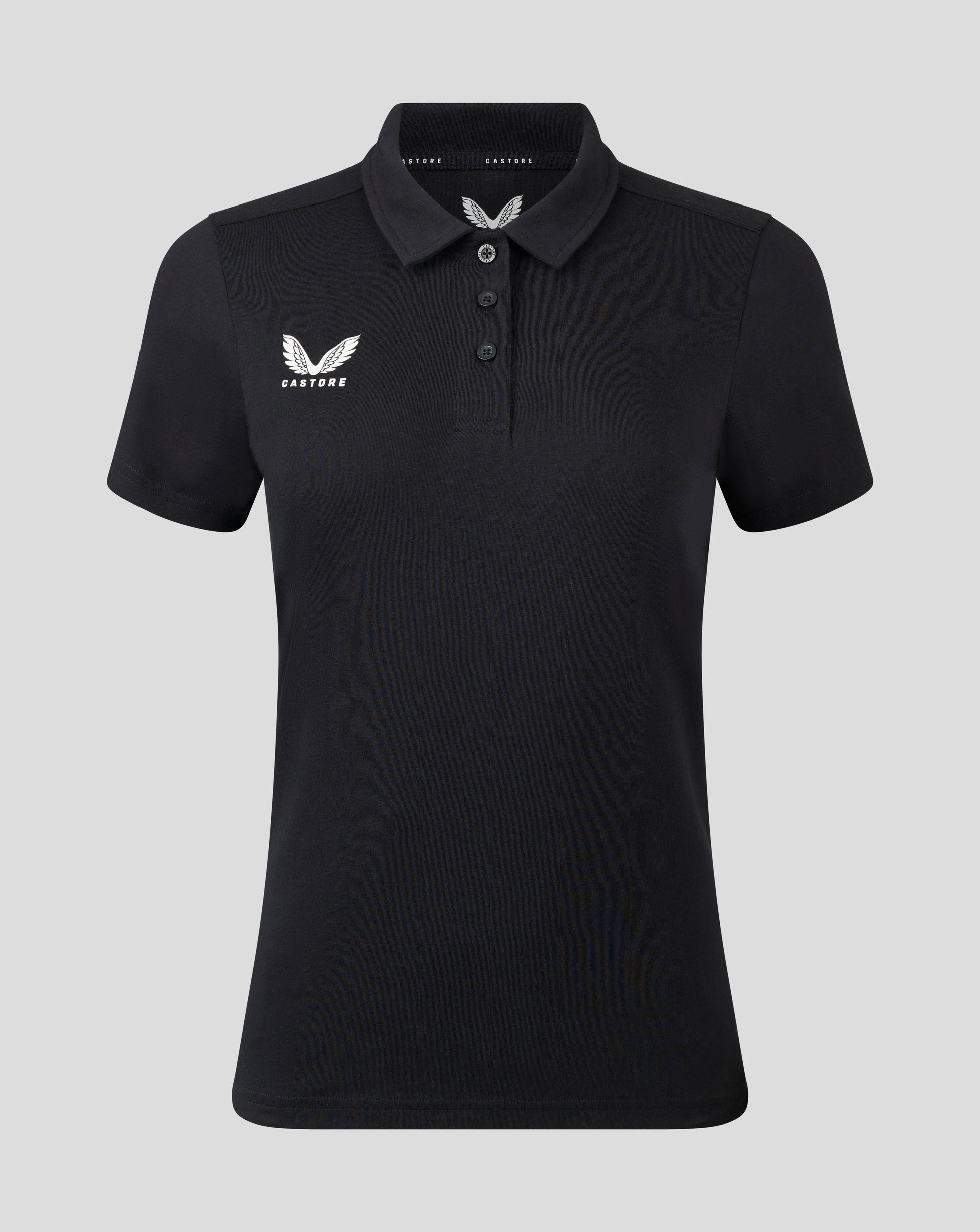Womens black Cotton Leisure Polo with white Castore logo on left chest and three-button placket