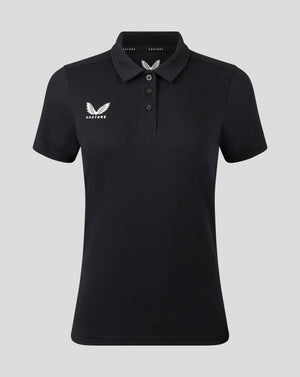 Womens black Cotton Leisure Polo with white Castore logo on left chest and three-button placket