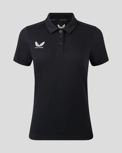 Womens black Cotton Leisure Polo with white Castore logo on left chest and three-button placket