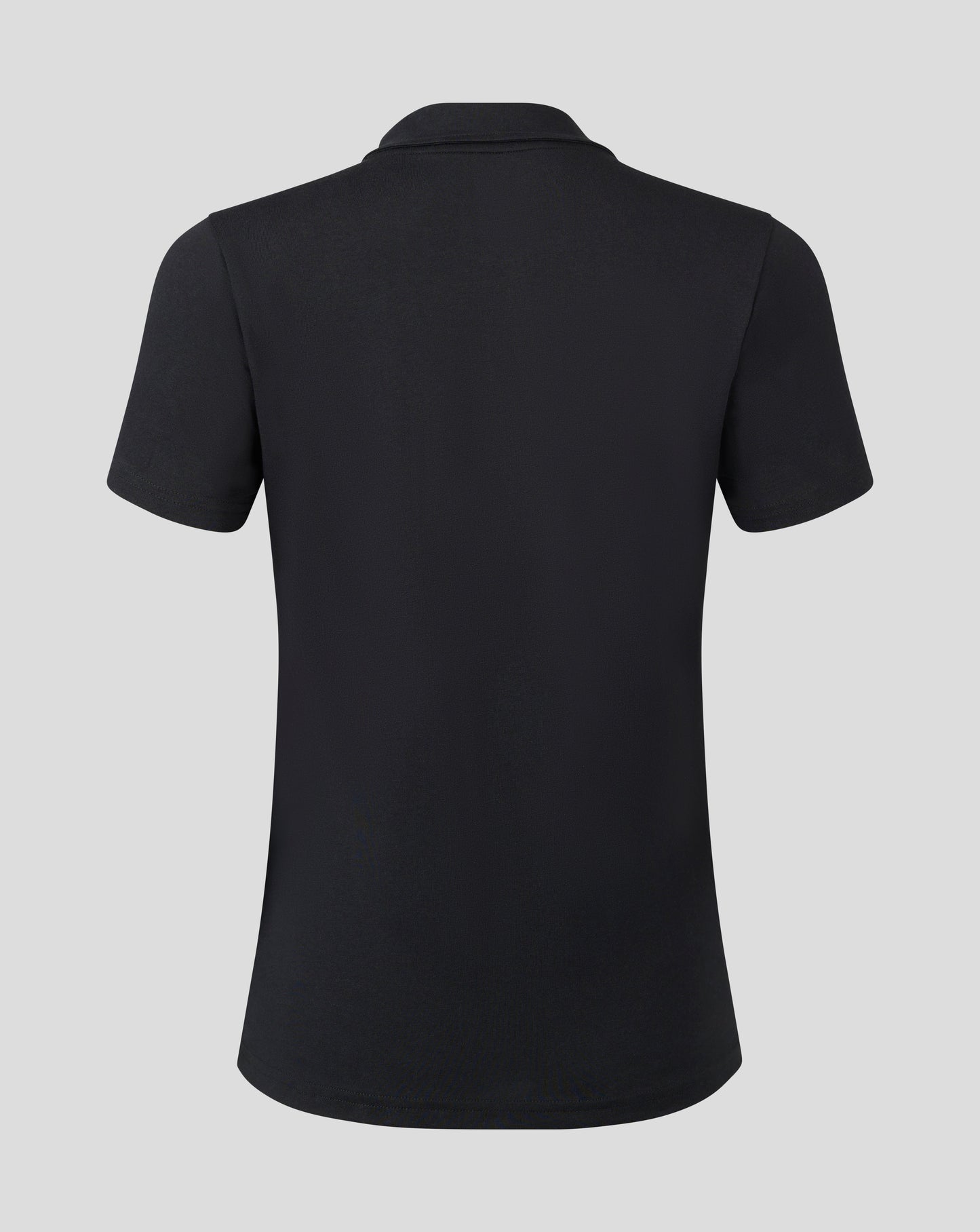 Back view of black cotton leisure polo with short sleeves and heat sealed Castore logo near the collar.