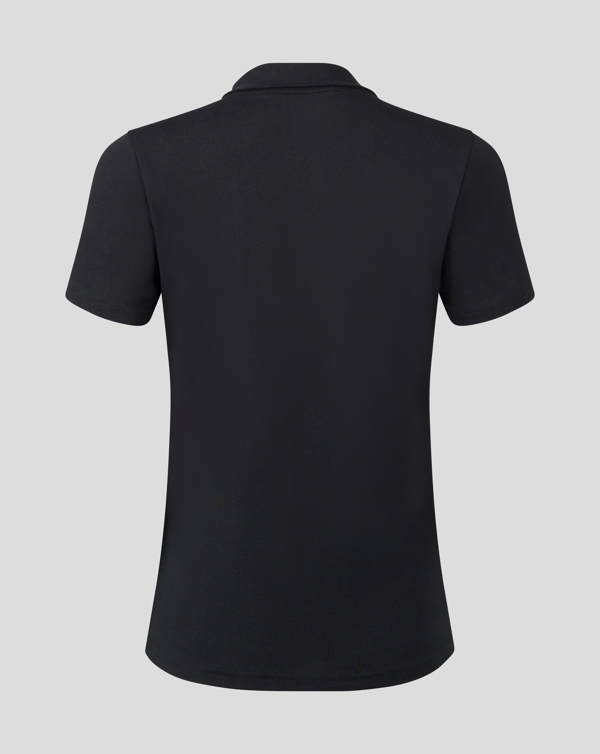 Back view of black cotton leisure polo with short sleeves and heat sealed Castore logo near the collar.