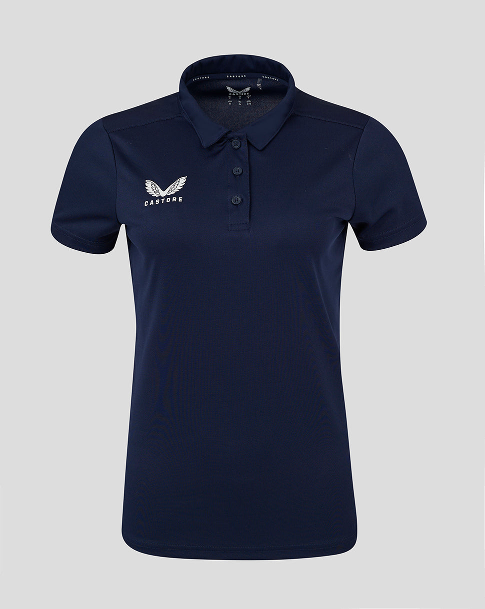 Navy women's performance polo with three button placket and forward shoulder seam
