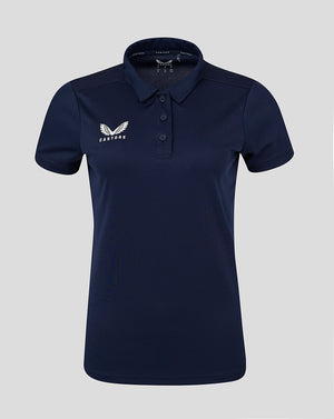 Navy women's performance polo with three button placket and forward shoulder seam