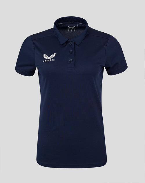 Navy women's performance polo with three button placket and forward shoulder seam