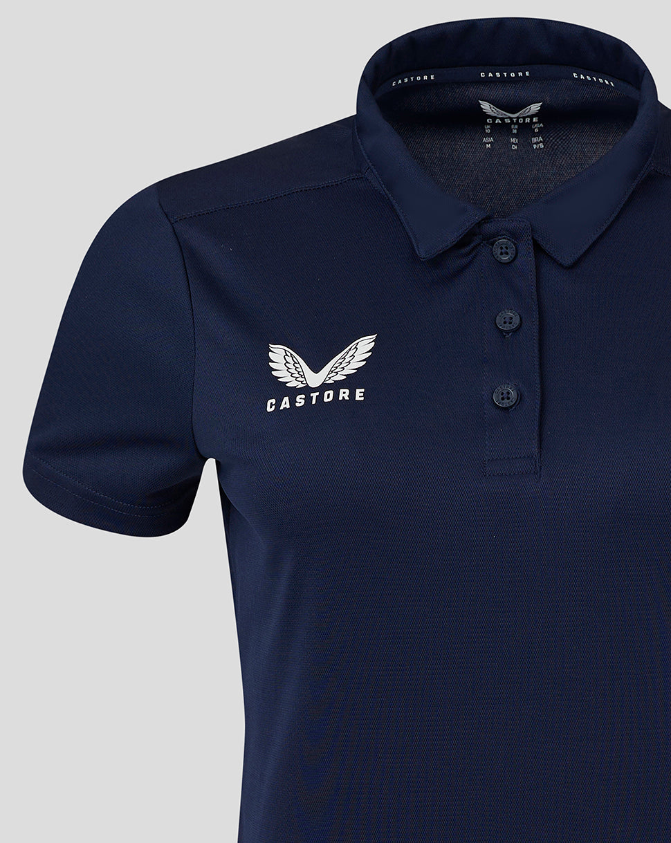 Navy Womens Performance Polo with self fabric collar three button placket and heat sealed Castore logo on the chest