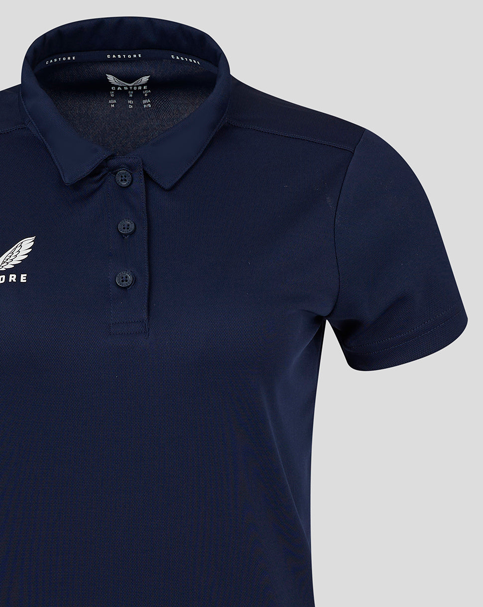 Navy Womens Performance Polo close up showing collar and three button placket with Castore logo on left chest