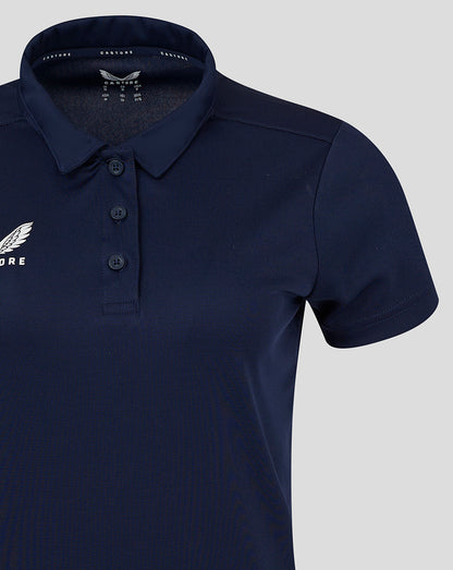 Navy Womens Performance Polo close up showing collar and three button placket with Castore logo on left chest
