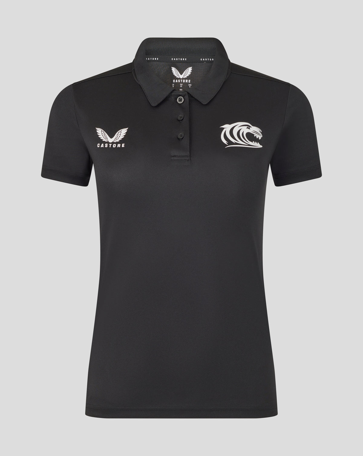 Black Leicester Tigers women's training polo with a white Castore logo on the left chest and tiger crest on the right